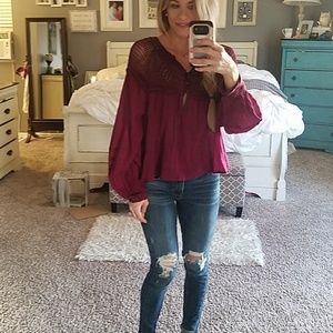 ❤ Free People Keyhole Crochet Boho Top ❤